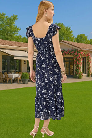 A Kesim Midi Boy Shally Dokuma Viskoz Elbise Kare Yaka Mükemmel Uyum Özenle Seçilmiş Uzun Ömürlü