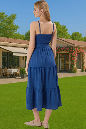 Kadın Yazlık Askılı Midi Boy Pileli Dokuma Elbise Günlük Kombinler İçin Uzun Ömürlü Trend Tasarım