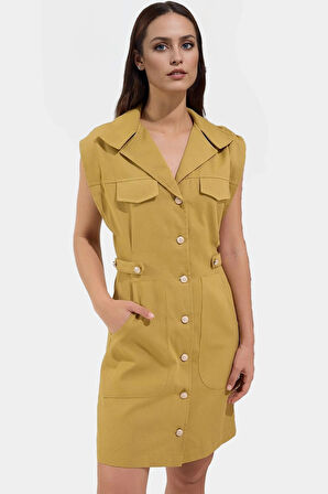 Dokuma Gabardin Mini Elbise Kisa Kol Düğmeli %Pamuk Yazlık Dayanıklı Malzeme