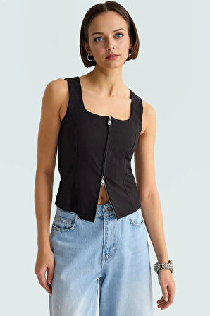 Fitted Poliviskon Bluz Bisiklet Yaka Kolsuz Crop Günlük Tarz Kullanım İçin