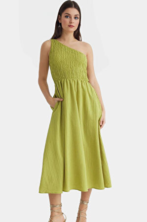 Asimetrik Yaka Midi Elbise Yazlık Şık Dokuma Modern Stil Dayanıklı Malzeme Uzun Ömürlü