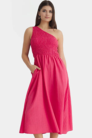 Asimetrik Yaka Midi Elbise Yazlık Şık Dokuma Modern Stil Dayanıklı Malzeme Uzun Ömürlü