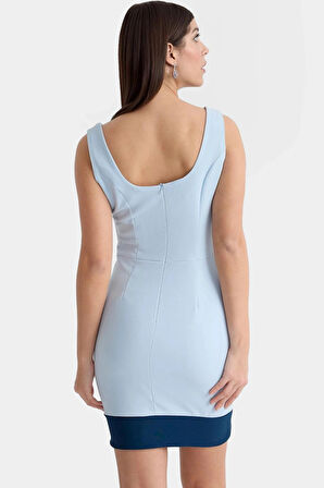 Yazlık Renk Bloklu Mini Elbise Dokuma Kumaş Bodycon Kesim Kare Yaka Özel Tasarım Mükemmel Uyum