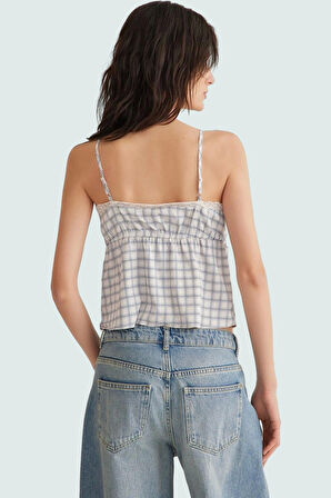 Yazlık Çok Ekose Bluz Saten Kumaşlı Crop Kalıp Rahat Günlük Kullanım İçin