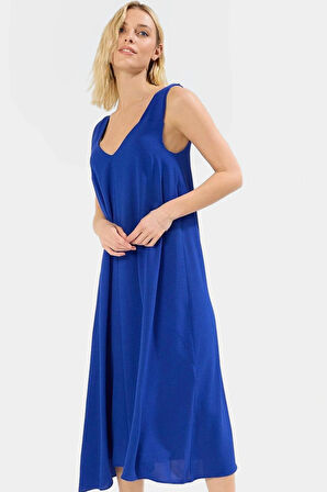 Rahat Kesim Kolsuz V Yaka Midi Elbise Polyester Dokuma Kumaş Premium Kalite