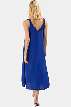 Rahat Kesim Kolsuz V Yaka Midi Elbise Polyester Dokuma Kumaş Premium Kalite