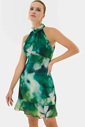 Çiçekli A line Şifon Elbise Halter Yaka Mini Boy Astarlı Konforlu Kesim Modern Stil