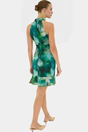 Çiçekli A line Şifon Elbise Halter Yaka Mini Boy Astarlı Konforlu Kesim Modern Stil