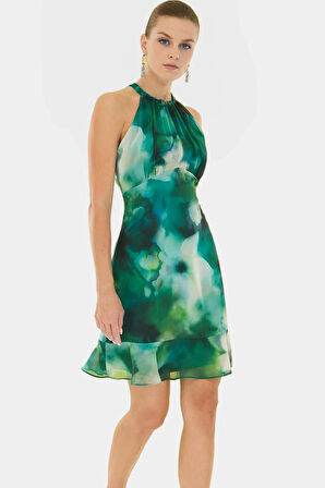 Çiçekli A line Şifon Elbise Halter Yaka Mini Boy Astarlı Konforlu Kesim Modern Stil