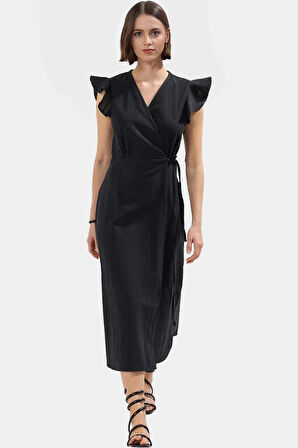 Kısa Kollu Keten Görünümlü Midi Elbise V Yaka Kruvaze Rahat Kalıp Mükemmel Uyum Yüksek Kalite