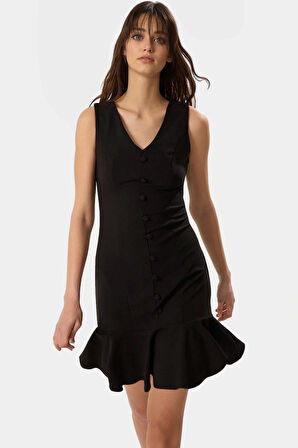 Finike Dokuma Mini Elbise A Line Kesim V Yaka Düğmeli Polyester Karışımlı Modern Stil