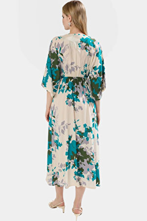 A Kesim Midi Elbise Etnik Desenli Viskoz Dokuma Truvakar Kollu Yazlık Zarifane Tasarım