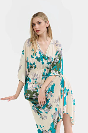 A Kesim Midi Elbise Etnik Desenli Viskoz Dokuma Truvakar Kollu Yazlık Zarifane Tasarım