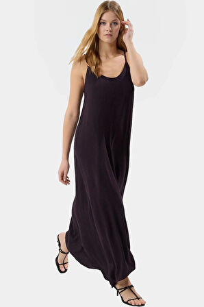 Şık V Yaka Kolsuz Maxi Elbise 130cm Boy Polyester Dokuma Rahat Seçkin Malzeme