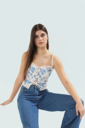 İnce Askılı Fitted Crop Bluz Çiçek Desenli Dokuma Kumaş Günlük Tarz Rahat Ve Şık