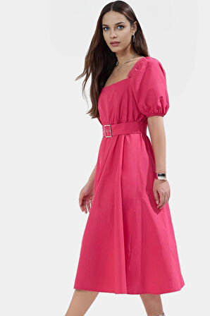 Kemerli Pamuklu Midi Elbise Dokuma Terrycotton Kumaş Günlük Casual Stil Rahat Seçkin Malzeme