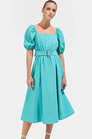 Kemerli Pamuklu Midi Elbise Dokuma Terrycotton Kumaş Günlük Casual Stil Rahat Seçkin Malzeme