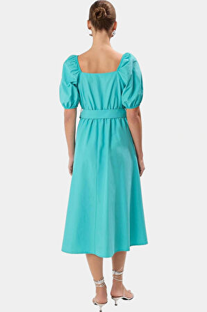 Kemerli Pamuklu Midi Elbise Dokuma Terrycotton Kumaş Günlük Casual Stil Rahat Seçkin Malzeme