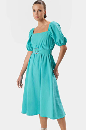 Kemerli Pamuklu Midi Elbise Dokuma Terrycotton Kumaş Günlük Casual Stil Rahat Seçkin Malzeme