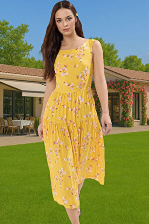 Şık Çiçekli Desenli Midi Boy Skater Elbise Viskoz Kumaş Rahat Kaliteli İşçilik Trend Tasarım