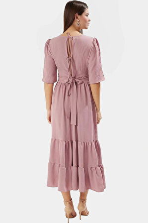 Kuşaklı Midi Elbise Rahat Kesim V Yaka Aerobin Dokuma Uzun Ömürlü Yüksek Kalite