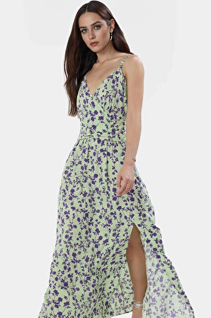 Leopar Desenli Kolsuz Viskoz Maxi Elbise A Line Kesim Yırtmaç Detay Zarifane Tasarım Modern Stil