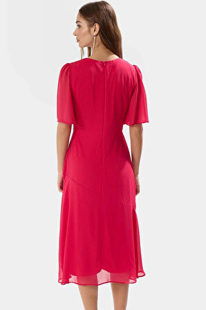 Astarlı Şifon Elbise Dokuma Kumaş Midi Boy Melek Kol Premium Kalite Mükemmel Uyum Uzun Ömürlü