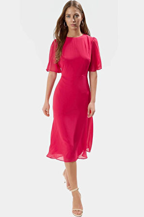 Astarlı Şifon Elbise Dokuma Kumaş Midi Boy Melek Kol Premium Kalite Mükemmel Uyum Uzun Ömürlü