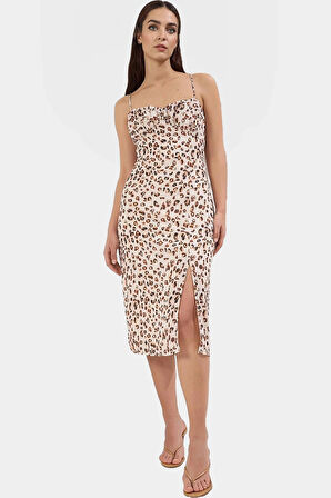 Leopar Desenli Kolsuz Midi Elbise Yazlık Bodycon Dokuma Mükemmel Uyum Konforlu Kesim Şık Görünüm