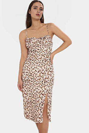 Leopar Desenli Kolsuz Midi Elbise Yazlık Bodycon Dokuma Mükemmel Uyum Konforlu Kesim Şık Görünüm