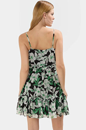 Astarlı Şifon Mini Elbise Yazlık Kalp Yaka Çiçek Desenli Dokuma Kumaş Premium Kalite