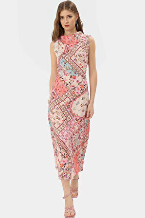 A Line Polyester Midi Elbise Degaje Yaka Krep Dokuma Astarlı Premium Kalite Modern Stil