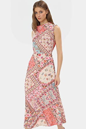 A Line Polyester Midi Elbise Degaje Yaka Krep Dokuma Astarlı Premium Kalite Modern Stil