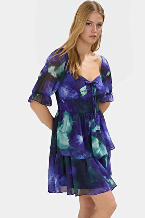 Dokuma Mini Elbise Çiçekli Desen Kısa Kol Astarlı Gipeli Seçkin Malzeme Trend Tasarım