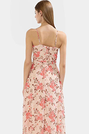 Yazlık Desenli A line Midi Elbise Şifon Kumaştan Kaliteli İşçilik Trend Tasarım