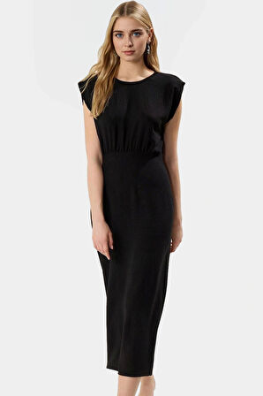 A line Bisiklet Yaka Midi Elbise Aerobin Dokuma Polyester Yazlık ve Şık Rahat Yüksek Kalite