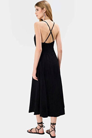 Pamuklu Midi Elbise V Yaka Skater Kalıp Keten Görünümlü Rahat Kullanım Premium Kalite