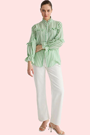 Kadın Çizgili Gömlek Pamuk Dik Yaka Uzun Kollu Rahat Kalıp Günlük Kullanım Kaliteli Malzeme