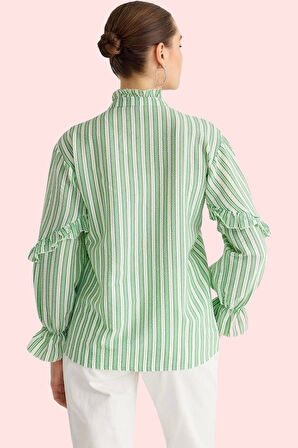 Kadın Çizgili Gömlek Pamuk Dik Yaka Uzun Kollu Rahat Kalıp Günlük Kullanım Kaliteli Malzeme