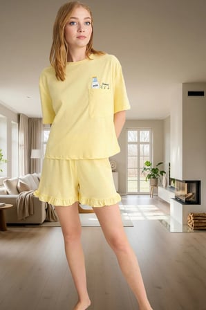 Rahat Yazlık Pijama Takımı Kısa Kollu Tişört ve Şort Pamuklu Örme Kumaş Özenle Seçilmiş