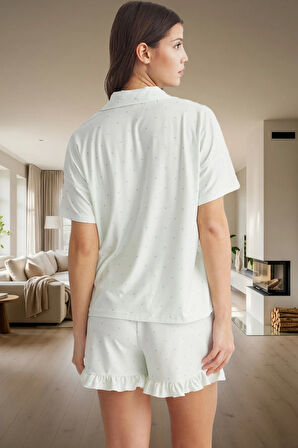 Puantiyeli Fırfırlı Detaylı Regular Kalıp Pijama Takımı Yazlık Konfor Şık Görünüm