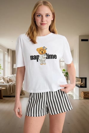 Ayıcıklı Çizgili %100 Pamuklu Pijama Takımı Rahat ve Şık Yaz Uykusu Mükemmel Uyum Dayanıklı Malzeme