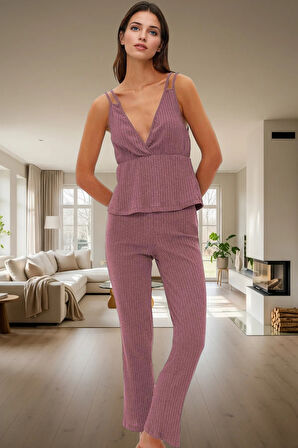 Rahat ve Şık Pijama Takımı Pamuklu Örme Kumaş İnce Askılı Atlet Boru Paça Pantolon