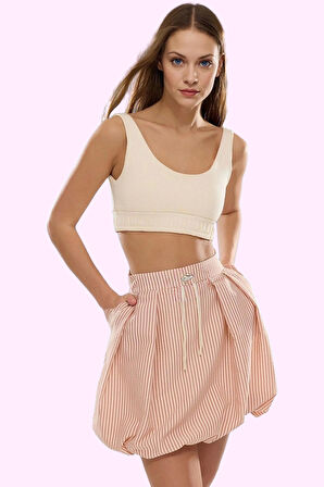 Kadın Balon Etek Kısa Boy Çizgili Desenli Gofre Kumaş Günlük Stil Yaz Aylarının Vazgeçilmezi