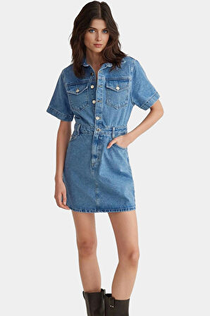 Pamuk Denim Gömlek Elbise Midi Boy Kısa Kollu Casual Stil Mükemmel Uyum Şık Görünüm
