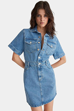 Pamuk Denim Gömlek Elbise Midi Boy Kısa Kollu Casual Stil Mükemmel Uyum Şık Görünüm
