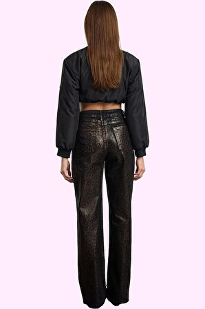 Kadın Pamuk Leopar Desenli Wide Leg Jean Pantolon Yüksek Bel Fermuarlı Kışlık Günlük Kullanım