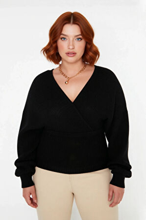 Kadın V Yaka Kruvaze Arkadan Bağlamalı Triko Kazak Akrilik Regular Fit Günlük Şık Soğuk Hava