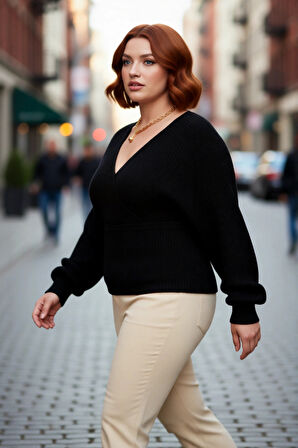 Kadın V Yaka Kruvaze Arkadan Bağlamalı Triko Kazak Akrilik Regular Fit Günlük Şık Soğuk Hava