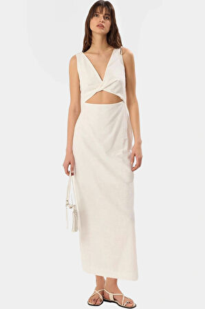 Rahat Yazlık Dokuma Elbise A Kesim Cut Out Detaylı Bisiklet Yaka Profesyonel Görünüm Modern Stil